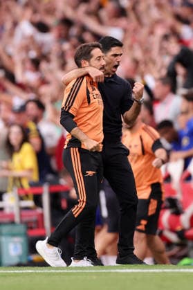London, England, 6th September 2026. Mikel Arteta manager of Arsenal celebrates at the final whistle during the Arsenal vs Chelsea Premier League match at the Emirates Stadium, London. Picture credit should read: David Klein Sportimage EDITORIAL USE ONLY. No use with unauthorised audio, video, data, fixture lists, club league logos or live services. Online in-match use limited to 120 images, no video emulation. No use in betting, games or single club league player publications. SPI_060_DK_Arsenal_Chelsea SPI-4978-0060