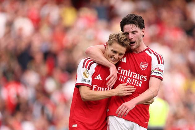 London, England, 6th September 2026. Martin Odegaard of Arsenal celebrates at the final whistle with Declan Rice of Arsenal during the Arsenal vs Chelsea Premier League match at the Emirates Stadium, London. Picture credit should read: David Klein Sportimage EDITORIAL USE ONLY. No use with unauthorised audio, video, data, fixture lists, club league logos or live services. Online in-match use limited to 120 images, no video emulation. No use in betting, games or single club league player publications. SPI_065_DK_Arsenal_Chelsea SPI-4978-0065