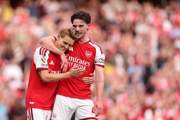 London, England, 6th September 2026. Martin Odegaard of Arsenal celebrates at the final whistle with Declan Rice of Arsenal during the Arsenal vs Chelsea Premier League match at the Emirates Stadium, London. Picture credit should read: David Klein Sportimage EDITORIAL USE ONLY. No use with unauthorised audio, video, data, fixture lists, club league logos or live services. Online in-match use limited to 120 images, no video emulation. No use in betting, games or single club league player publications. SPI_066_DK_Arsenal_Chelsea SPI-4978-0066