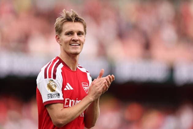 London, England, 6th September 2026. Martin Odegaard of Arsenal celebrates during the Arsenal vs Chelsea Premier League match at the Emirates Stadium, London. Picture credit should read: David Klein Sportimage EDITORIAL USE ONLY. No use with unauthorised audio, video, data, fixture lists, club league logos or live services. Online in-match use limited to 120 images, no video emulation. No use in betting, games or single club league player publications. SPI_067_DK_Arsenal_Chelsea SPI-4978-0067