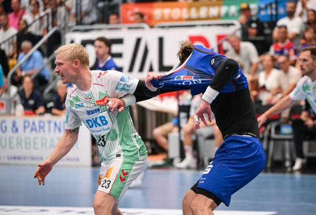 Handball 1 Bundesliga 2025–2026, June 9, 2026: HBW Balingen Weilstetten vs. SC Magdeburg jersey presentation; Magnus Saugstrup (left), SC Magdeburg, and Stefan Bauer (right), HBW Balingen Weilstetten