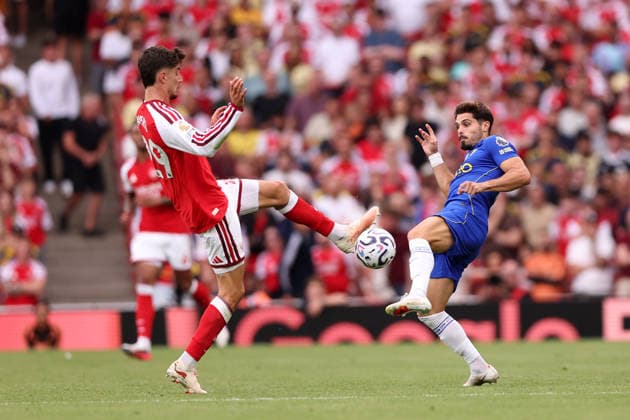 London, England, 6th September 2026. Kai Havertz of Arsenal with Pedro Neto of Chelsea during the Arsenal vs Chelsea Premier League match at the Emirates Stadium, London. Picture credit should read: David Klein Sportimage EDITORIAL USE ONLY. No use with unauthorised audio, video, data, fixture lists, club league logos or live services. Online in-match use limited to 120 images, no video emulation. No use in betting, games or single club league player publications. SPI_068_DK_Arsenal_Chelsea SPI-4978-0068