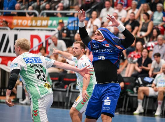 Handball 1 Bundesliga 2025–2026, June 9, 2026: HBW Balingen Weilstetten vs. SC Magdeburg jersey presentation; Magnus Saugstrup (left), SC Magdeburg, and Stefan Bauer (right), HBW Balingen Weilstetten