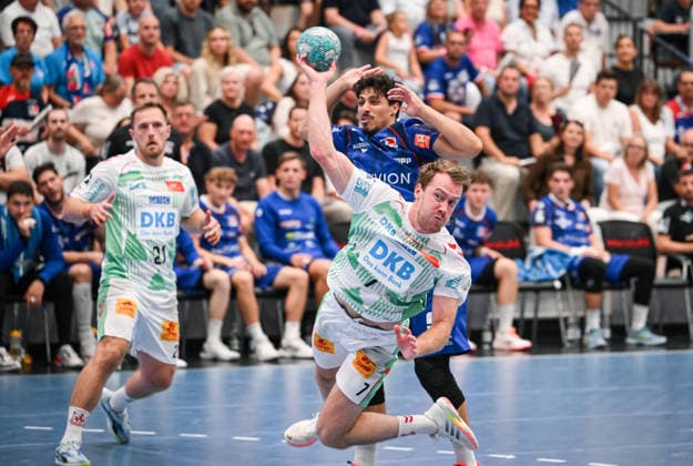 Handball 1 Bundesliga 2025–2026, June 9, 2026: HBW Balingen Weilstetten vs. SC Magdeburg; Felix Claar (center front), SC Magdeburg vs. SC Magdeburg (center back), HBW Balingen Weilstetten