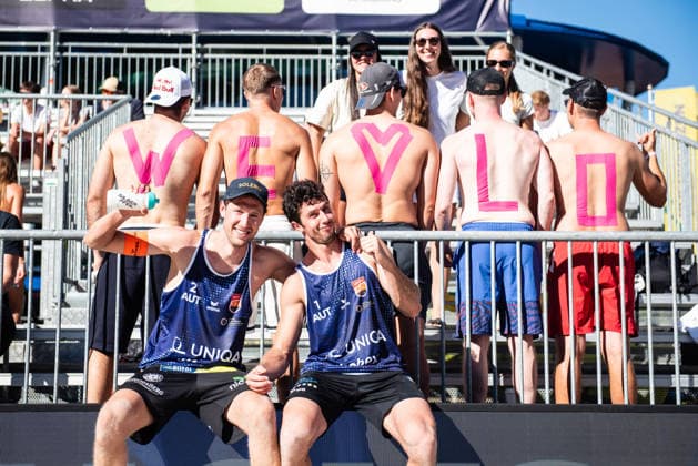 Beach volleyball, Beachvolleyball - MEVZA Schladming SCHLADMING,AUSTRIA,06.SEP.26 - BEACH VOLLEYBALL - win2day Tour PRO, MEVZA Schladming. Image shows Lorenz Peter (AUT) and Maximilian Trummer (AUT).  GEPAxpictures xJulioxArellano