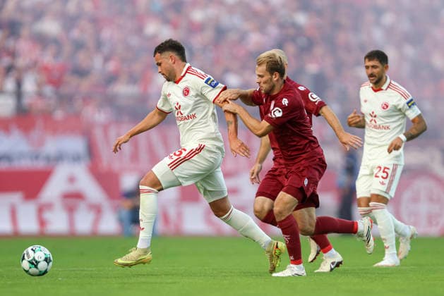 Yassine Bouchama of Fortuna Düsseldorf and Georg Strauch of SC Fortuna Köln battle for the ball during the 3. Liga match between SC Fortuna Köln and Fortuna Düsseldorf at the Südstadion on September 6, 2026, in Cologne, Germany. Photo by Oliver Kaelke, DeFodi Images. Yassine Bouchama of Fortuna Düsseldorf and Georg Strauch of SC Fortuna Cologne battle for the ball during the 3. Liga match between SC Fortuna Cologne and Fortuna Düsseldorf at Südstadion on September 6, 2026 in Cologne, Germany. Photo by Oliver Kaelke, DeFodi Images. DFB and DFL regulations prohibit any use of photographs as image sequences and or quasi-video. Photo by Oliver Kaelke, DeFodi Images.