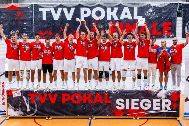 September 6, 2026, GER, Volleyball, Men, Season 26, Thuringia Cup Final, Volleyball Day, Blue Volleys Gotha vs. VSV Jena 90: The Blue Volleys Gotha win the cup match against VSV Jena 90 and are the 2026 cup champions. 99089 Erfurt, Rieths Sports Complex, Thuringia, Germany