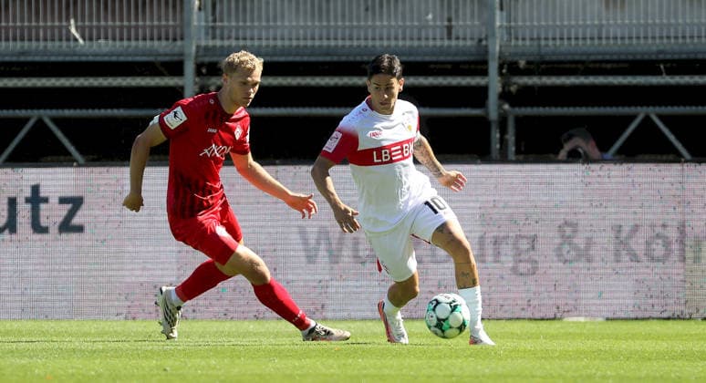 September 6, 2026, xfsx, Men s, Soccer, 2026–2027 Season, 3rd Division, Matchday 4: FC Würzburger Kickers vs. VfB Stuttgart II; from left: Louis Breunig (FC Würzburger Kickers), Nicolas Sessa (VfB Stuttgart II); Würzburg AKON ARENA, Bavaria, Germany