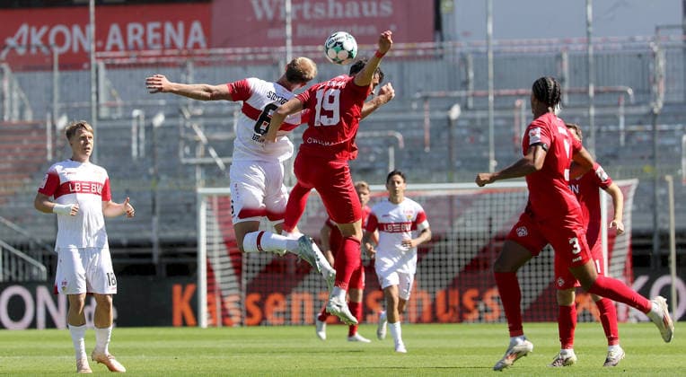 September 6, 2026, xfsx, Men s, Soccer, 2026–2027 Season, 3rd Division, Matchday 4: FC Würzburger Kickers vs. VfB Stuttgart II; from left: Julian Lueers (VfB Stuttgart II), Alexander Groiss (VfB Stuttgart II), Thomas Kastanaras (FC Würzburger Kickers), David Abrangao (FC Würzburger Kickers); Würzburg, AKON ARENA, Bavaria, Germany