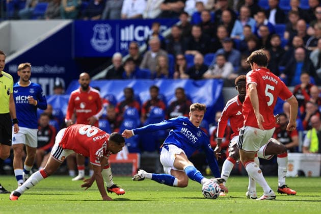 6th September 2026; Hill Dickinson Stadium, Liverpool, England; Premier League Football, Everton versus Manchester United, ManU Harrison Armstrong of Everton is tackled by Harry Maguire of Manchester United DavidxBlunsden