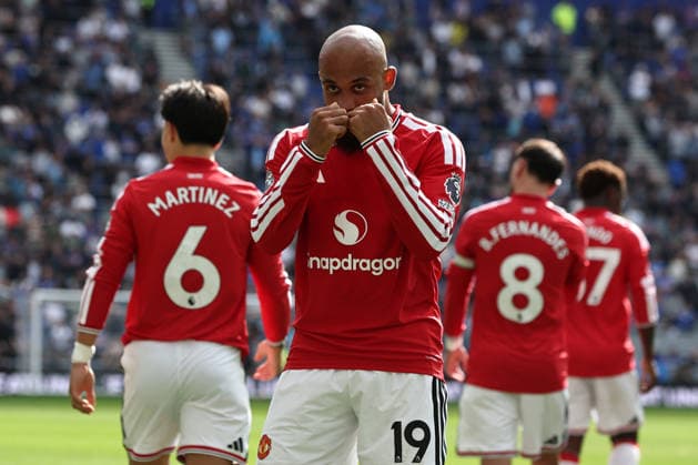 6th September 2026; Hill Dickinson Stadium, Liverpool, England; Premier League Football, Everton versus Manchester United, ManU Bryan Mbuemo of Manchester United celebrates after scoring for 0-1 after 47 minutes DavidxBlunsden