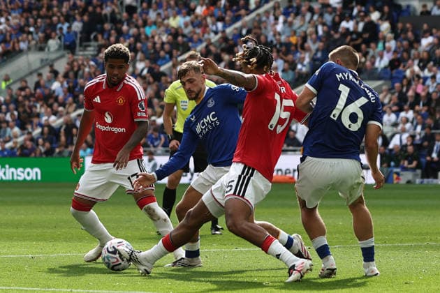 6th September 2026; Hill Dickinson Stadium, Liverpool, England; Premier League Football, Everton versus Manchester United, ManU Kiernan Dewsbury-Hall of Everton is tackled by Leny Yoro of Manchester United DavidxBlunsden