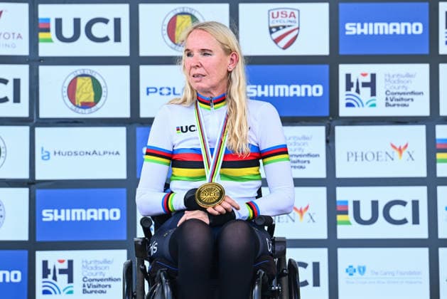 2026 UCI Para-cycling Road World Championships Picture by Olly Hassell SWpix.com - 06 09 2026 - Cycling - 2026 UCI Para-cycling Road World Championships - Huntsville, Alabama, United States of America - Women H1 Road Race podium - Manuela Vos Van Den Bouwhuijsen (Spain) wins the Gold Medal to become World Champion Huntsville Cummings Research Park United States of America Copyright: x xSWpix.comx(t axPhotographyxHubxLtd)xOllyxHassell SWpix.comx SWP-3030-23162