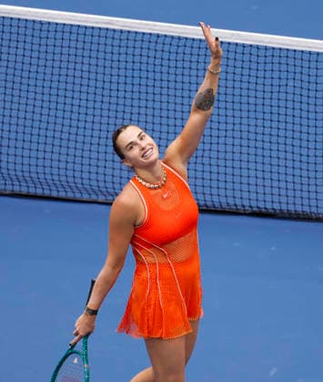 Aryna Sabalenka of Belarus celebrates after defeating Taylor Townsend in straight sets in Arthur Ashe Stadium in the 4th round at the 2026 US Open Tennis Championship at the USTA Billie Jean King National Tennis Center in New York City on Sunday, September 6, 2026.  NYP20260906101 JOHNxANGELILLO