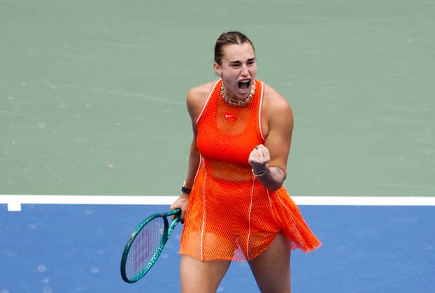 Aryna Sabalenka of Belarus celebrates after winning a point in the second set before defeating Taylor Townsend in straight sets in Arthur Ashe Stadium in the 4th round at the 2026 US Open Tennis Championship at the USTA Billie Jean King National Tennis Center in New York City on Sunday, September 6, 2026.  NYP20260906102 JOHNxANGELILLO
