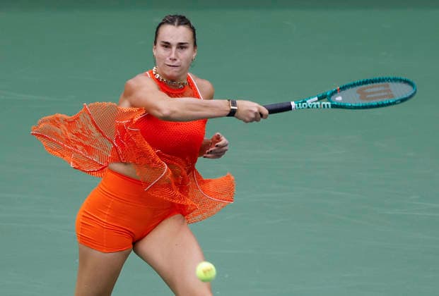 Aryna Sabalenka of Belarus celebrates returns a ball in the second set before defeating Taylor Townsend in straight sets in Arthur Ashe Stadium in the 4th round at the 2026 US Open Tennis Championship at the USTA Billie Jean King National Tennis Center in New York City on Sunday, September 6, 2026.  NYP20260906103 JOHNxANGELILLO