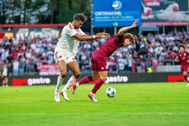 Tackle between Elias Egouli (Fortuna Düsseldorf, 44) and Enzo Wirtz (Fortuna Köln, 09); Fortuna Köln vs. Fortuna Düsseldorf, soccer, 3. Liga, Matchday 4, 2026–27 season, September 6, 2026, DFL regulations prohibit any use of photographs as image sequences and or quasi-video, Fortuna Cologne vs. Fortuna Düsseldorf, soccer, 3. Liga, Matchday 4, 2026–27 Season, September 6, 2026, Cologne Copyright: xEibner-Pressefoto LukasxBaldygax EP_LBA