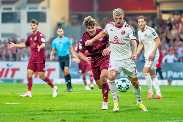 Erik Wekesser (Fortuna Düsseldorf, No. 07) makes a last-second save against Enzo Wirtz (Fortuna Cologne, No. 09). Fortuna Cologne vs. Fortuna Düsseldorf, Soccer, 3rd Division, Matchday 4, 2026–27 Season, September 6, 2026, DFL regulations prohibit any use of photographs as image sequences and or quasi-video. Fortuna Cologne vs. Fortuna Düsseldorf, soccer, 3. Liga, Matchday 4, 2026–27 season, September 6, 2026, Cologne Copyright: xEibner-Pressefoto LukasxBaldygax EP_LBA