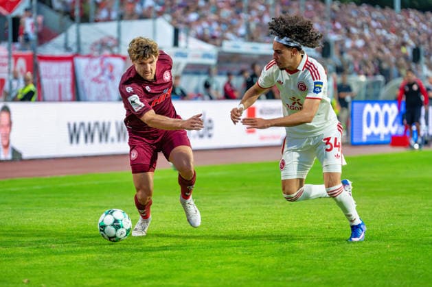 Enzo Wirtz (Fortuna Cologne), No. 9, in a tackle with Anas Slimani (Fortuna Düsseldorf), No. 34, for the ball; Fortuna Cologne vs. Fortuna Düsseldorf, soccer, 3rd Division, Matchday 4, 2026–27 season, September 6, 2026, DFL regulations prohibit any use of photographs as image sequences and or quasi-video, Fortuna Cologne vs. Fortuna Düsseldorf, soccer, 3rd Division, Matchday 4, 2026–27 season, September 6, 2026, Cologne Copyright: xEibner-Pressefoto LukasxBaldygax EP_LBA