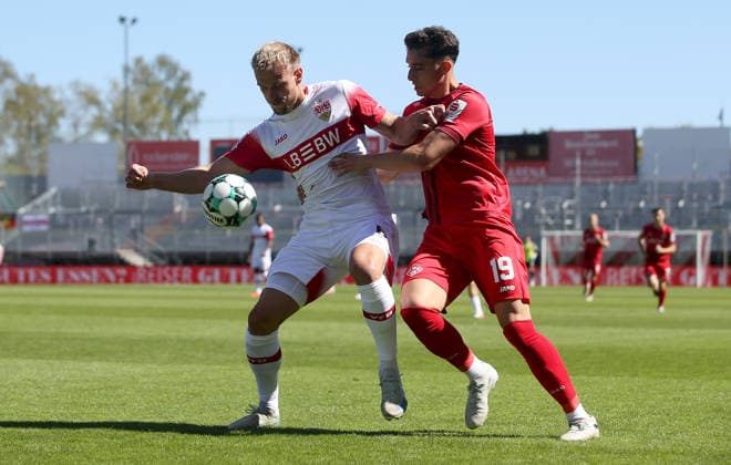 September 6, 2026, xfsx, Men s, Soccer, 2026–2027 Season, 3rd Division, Matchday 4: FC Würzburger Kickers vs. VfB Stuttgart II; from left: Alexander Groiss (VfB Stuttgart II), Thomas Kastanaras (FC Würzburger Kickers); Würzburg, AKON ARENA, Bavaria, Germany