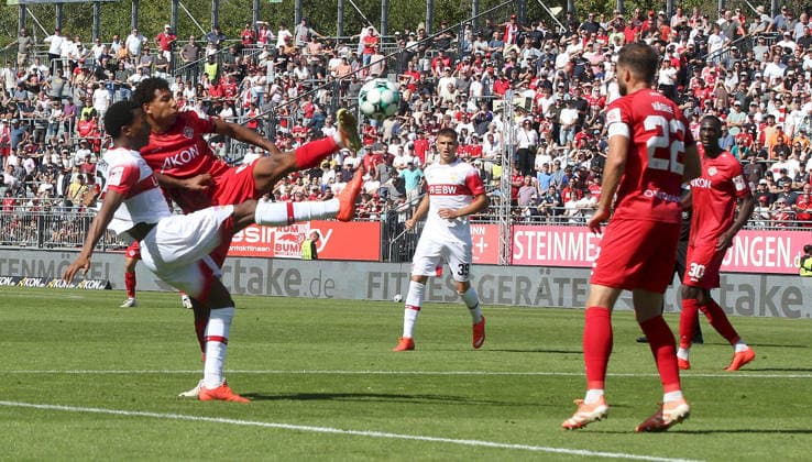 September 6, 2026, xfsx, Men s, Soccer, 2026–2027 Season, 3rd Division, Matchday 4: FC Würzburger Kickers vs. VfB Stuttgart II; from left: Jarzinho Malanga (VfB Stuttgart II), Liam Omore (FC Würzburger Kickers), Enis Redzepi (VfB Stuttgart II), Daniel Haegele (FC Würzburger Kickers), Tarsis Bonga (FC Würzburger Kickers), Würzburg, AKON ARENA, Bavaria, Germany