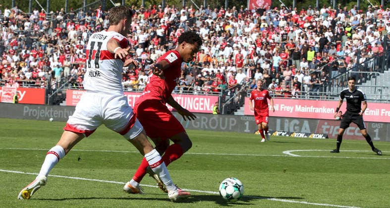 September 6, 2026, xfsx, Men s, Soccer, 2026–2027 Season, 3rd Division, Matchday 4: FC Würzburger Kickers vs. VfB Stuttgart II; from left: Oliver Roelke (VfB Stuttgart II), Liam Omore (FC Würzburger Kickers), Würzburg, AKON ARENA, Bavaria, Germany