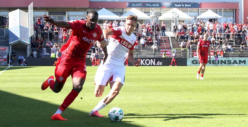 September 6, 2026, xfsx, Men s, Soccer, 2026–2027 Season, 3rd Division, Matchday 4: FC Würzburger Kickers vs. VfB Stuttgart II; from left: Tarsis Bonga (FC Würzburger Kickers), Oliver Roelke (VfB Stuttgart II); Würzburg, AKON ARENA, Bavaria, Germany