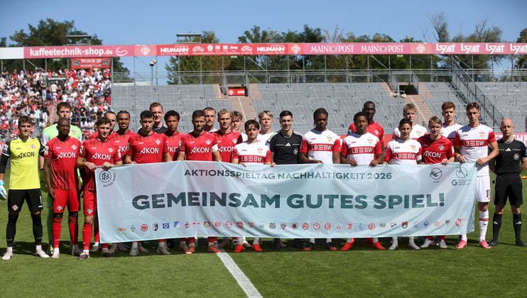 September 6, 2026, xfsx, Men s, Soccer, 2026–2027 Season, 3rd Division, Matchday 4: FC Würzburger Kickers vs. VfB Stuttgart II (from left): Both teams holding a banner reading TOGETHER FOR A GREAT GAME in Würzburg’s AKON ARENA, Bavaria, Germany
