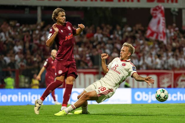 Maximilian Fischer of SC Fortuna Cologne and Sascha Risch of Fortuna Düsseldorf in a tackle during the 3. Liga match between SC Fortuna Cologne and Fortuna Düsseldorf at the Südstadion on September 6, 2026, in Cologne, Germany. Photo by Oliver Kaelke, DeFodi Images. Maximilian Fischer of SC Fortuna Cologne and Sascha Risch of Fortuna Düsseldorf battle for the ball during the 3. Liga match between SC Fortuna Cologne and Fortuna Düsseldorf at Südstadion on September 6, 2026 in Cologne, Germany. Photo by Oliver Kaelke, DeFodi Images. DFB and DFL regulations prohibit any use of photographs as image sequences and or quasi-video. Photo by Oliver Kaelke, DeFodi Images.