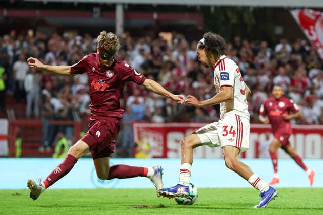 Seymour Fuenger of SC Fortuna Cologne and Anas Slimani of Fortuna Düsseldorf in a tackle during the 3. Liga match between SC Fortuna Cologne and Fortuna Düsseldorf at the Südstadion on September 6, 2026, in Cologne, Germany. Photo by Oliver Kaelke, DeFodi Images. Seymour Fuenger of SC Fortuna Cologne and Anas Slimani of Fortuna Düsseldorf battle for the ball during the 3. Liga match between SC Fortuna Cologne and Fortuna Düsseldorf at Südstadion on September 6, 2026 in Cologne, Germany. Photo by Oliver Kaelke, DeFodi Images. DFB and DFL regulations prohibit any use of photographs as image sequences and or quasi-video. Photo by Oliver Kaelke, DeFodi Images.