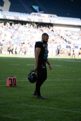 Germany, September 6, 2026, The AFLE Gold Bowl 2026: Panthers Wroclaw vs. Vienna Vikings, Schauinsland Reisen Arena, Duisburg; Panthers Wroclaw s Hubert Ogrodowczyk disappointed after the game, Duisburg, Germany Copyright: xMijoxLubecx