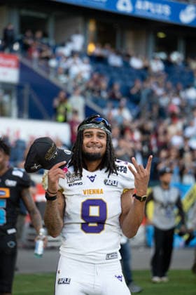 Germany, September 6, 2026, The AFLE Gold Bowl 2026: Panthers Wroclaw vs. Vienna Vikings, Schauinsland Reisen Arena, Duisburg, Germany—Vienna Vikings Amani Dennis posing for the camera with his hands raised, Duisburg, Germany Copyright: xMijoxLubecx