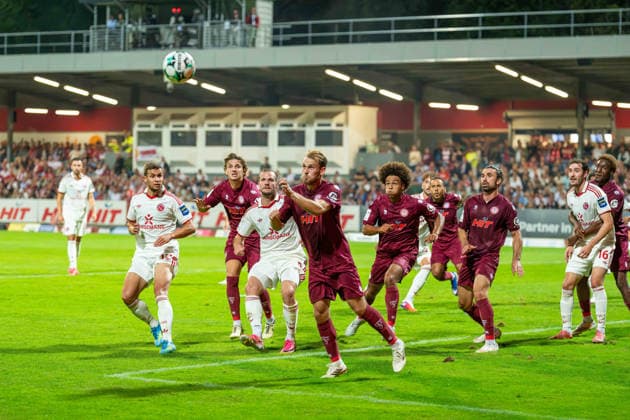 Georg Strauch (Fortuna Cologne), No. 11, clears the ball after a corner kick; also pictured from left: Tim Oberdorf (Fortuna Düsseldorf), No. 15, Eric Hottmann (Fortuna Düsseldorf), 09, Neo Telle (Fortuna Cologne, 31), David Al Azzawe (Fortuna Cologne, 15), Marcel Benger (Fortuna Düsseldorf, 16), Neo Telle (Fortuna Cologne, 31). Fortuna Cologne vs. Fortuna Düsseldorf, soccer, 3rd Division, Matchday 4, 2026–27 season, June 9, 2026, DFL regulations prohibit any use of photographs as image sequences and or quasi-video, Fortuna Cologne vs. Fortuna Düsseldorf, soccer, 3. Liga, Matchday 4, 2026–27 season, September 6, 2026, Cologne Copyright: xEibner-Pressefoto LukasxBaldygax EP_LBA