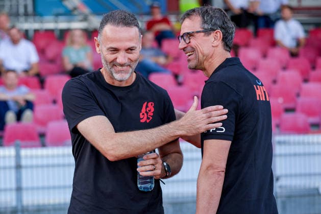 September 6, 2026, xsefx, Soccer, SC Fortuna Cologne vs. Fortuna Düsseldorf, 3. Liga, Südstation, Matchday 4, 2026–2027 Season: Two Who Get Along Well—Head Coach Matthias Mink of SC Fortuna Köln and Head Coach Alexander Ende of Fortuna Düsseldorf in conversation. DFB regulations prohibit any use of photographs as image sequences and or quasi-video. North Rhine-Westphalia, Germany