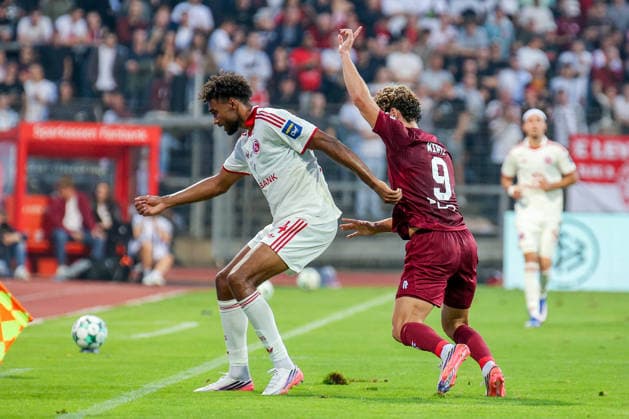 September 6, 2026, xsefx, Soccer, SC Fortuna Köln vs. Fortuna Düsseldorf, 3rd Division, Südstation, Matchday 4, 2026–2027 Season: Enzo Wirtz (Fortuna Cologne 09) in a duel with Elias Egouli (Fortuna Düsseldorf) 44 ztztzzzt DFB regulations prohibit any use of photographs as image sequences and or quasi-video in North Rhine-Westphalia, Germany