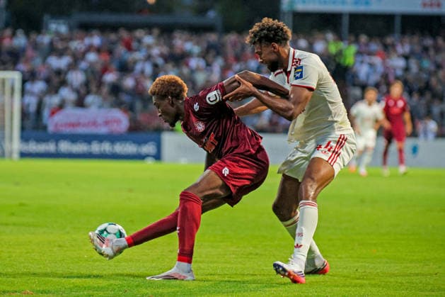 September 6, 2026, xsefx, Soccer, SC Fortuna Köln vs. Fortuna Düsseldorf, 3rd Division, Südstation, Matchday 4, 2026–2027 Season: Romeo Aigbekaen (Fortuna Cologne, No. 30) in a tackle against Elias Egouli (Fortuna Düsseldorf, No. 44). DFB regulations prohibit any use of photographs as image sequences and or quasi-video. North Rhine-Westphalia, Germany