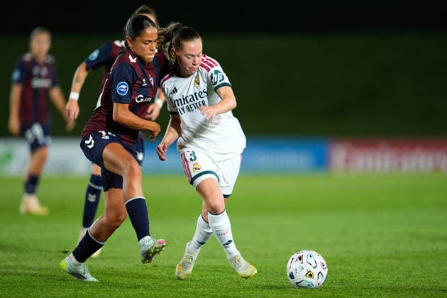 September 6, 2026, Valdebebas, Madrid, Spain: Janou Johanna Theodora Levels of Real Madrid CF and Estefania Simona Botero Granda of SD Eibar compete for the ball during the Spanish Women League, Liga F, football match played between Real Madrid and SD Eibar at Alfredo Di Stefano stadium on September 06, 2026, in Valdebebas, Madrid, Spain. Valdebebas Spain - ZUMAa181 20260906_zaa_a181_303 Copyright: xDennisxAgyemanx