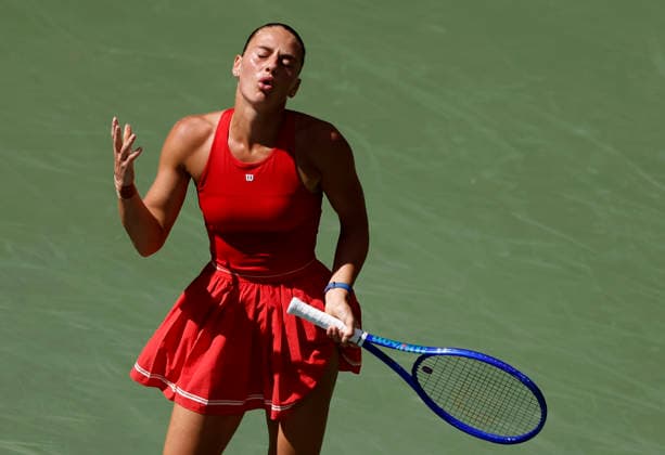 Marta Kostyuk of Ukraine reacts after losing a point in the first set against Linda Noskova of Czechia in Louis Armstrong Stadium in the 4th round at the 2026 US Open Tennis Championship at the USTA Billie Jean King National Tennis Center in New York City on Sunday, September 6, 2026. Noskova defeated Kostyuk in 3 sets and advances to the quarterfinals.  NYP20260906109 JOHNxANGELILLO