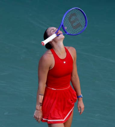 Marta Kostyuk of Ukraine reacts after losing a point in the second set against Linda Noskova of Czechia in Louis Armstrong Stadium in the 4th round at the 2026 US Open Tennis Championship at the USTA Billie Jean King National Tennis Center in New York City on Sunday, September 6, 2026. Noskova defeated Kostyuk in 3 sets and advances to the quarterfinals.  NYP20260906117 JOHNxANGELILLO