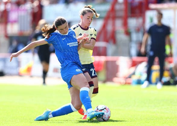Crawley, England, 6th September 2026. Charlize Rule of Brighton & Hove Albion and Ona Batlle of Arsenal challenge for the ball during the Brighton Women vs Arsenal Women Barclays Women s Super League match at Broadfield Stadium, Crawley. Picture credit should read: Paul Terry Sportimage EDITORIAL USE ONLY. No use with unauthorised audio, video, data, fixture lists, club league logos or live services. Online in-match use limited to 120 images, no video emulation. No use in betting, games or single club league player publications. SPI_229_PT_Brighton_W_Arsenal_W SPI-4977-0229