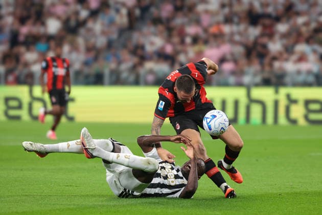 Juventus v AC Milan - Serie A - Season 2026-2027 Italy, 6th September 2026. Mario Gila of AC Milan clashes with Randal Kolo Muani of Juventus in the penalty area, appeals for a spot kick were waved away by the Referee Maurizio Mariani during the Juventus vs AC Milan Serie A match at Allianz Stadium, Turin. Picture credit should read: Jonathan Moscrop Turin Allianz Stadium Italy