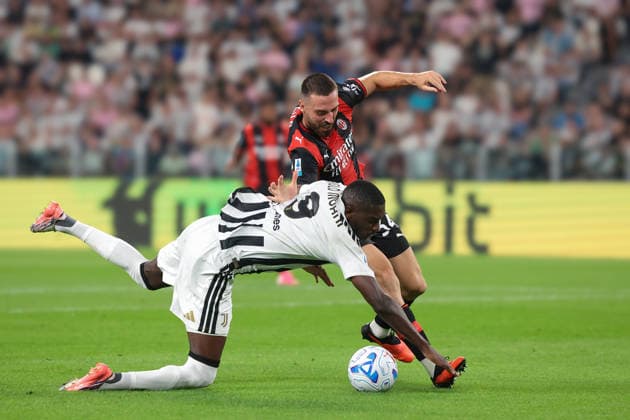 Juventus v AC Milan - Serie A - Season 2026-2027 Italy, 6th September 2026. Mario Gila of AC Milan clashes with Randal Kolo Muani of Juventus in the penalty area, appeals for a spot kick were waved away by the Referee Maurizio Mariani during the Juventus vs AC Milan Serie A match at Allianz Stadium, Turin. Picture credit should read: Jonathan Moscrop Turin Allianz Stadium Italy