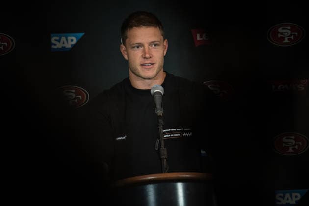 NFL, American Football Herren, USA 49ERS TRAINING, Running back Christian McCaffrey speaks to the media before a San Francisco 49ers NFL training session at AAMI Park in Melbourne, Monday, September 7, 2026. ( NO ARCHIVING MELBOURNE VICTORIA AUSTRALIA  Copyright: xCHRISTOPHERxHOPKINSx 20260907157004100914