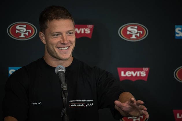 NFL, American Football Herren, USA 49ERS TRAINING, Running back Christian McCaffrey speaks to the media before a San Francisco 49ers NFL training session at AAMI Park in Melbourne, Monday, September 7, 2026. ( NO ARCHIVING MELBOURNE VICTORIA AUSTRALIA  Copyright: xCHRISTOPHERxHOPKINSx 20260907148789422039