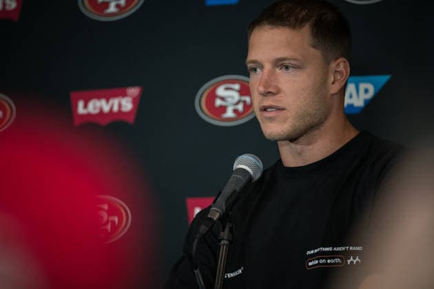 NFL, American Football Herren, USA 49ERS TRAINING, Running back Christian McCaffrey speaks to the media before a San Francisco 49ers NFL training session at AAMI Park in Melbourne, Monday, September 7, 2026. ( NO ARCHIVING MELBOURNE VICTORIA AUSTRALIA  Copyright: xCHRISTOPHERxHOPKINSx 20260907162595462552