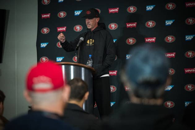 NFL, American Football Herren, USA 49ERS TRAINING, Coach Kyle Shanahan speaks to the media before a San Francisco 49ers NFL training session at AAMI Park in Melbourne, Monday, September 7, 2026. ( NO ARCHIVING MELBOURNE VICTORIA AUSTRALIA  Copyright: xCHRISTOPHERxHOPKINSx 20260907158081536261
