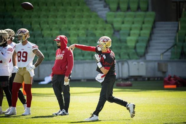NFL, American Football Herren, USA 49ERS TRAINING, Kurtis Rourke during a San Francisco 49ers NFL training session at AAMI Park in Melbourne, Monday, September 7, 2026. ( NO ARCHIVING MELBOURNE VICTORIA AUSTRALIA  Copyright: xCHRISTOPHERxHOPKINSx 20260907123684320215