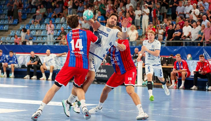 September 6, 2026, Germany, Bietigheim, Handball Bundesliga, 2026–2027 season: SG BBM Bietigheim vs. TBV Lemgo; from left: Fynn Luca Nicolaus (BBM), Tim Suton (TBV), Fabian Wiederstein (BBM)