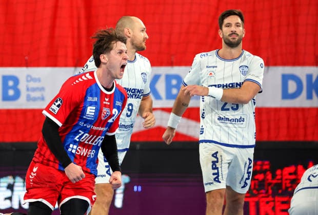 September 6, 2026, Germany, Bietigheim, Handball Bundesliga, 2026–2027 season: SG BBM Bietigheim vs. TBV Lemgo, Maxim Orlov of BBM celebrates, celebration