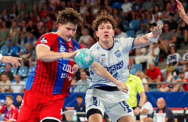 September 6, 2026, Germany, Bietigheim, Handball Bundesliga, 2026–2027 season: SG BBM Bietigheim vs. TBV Lemgo; from left: Jonas Josef (BBM), Joel Willecke (TBV)